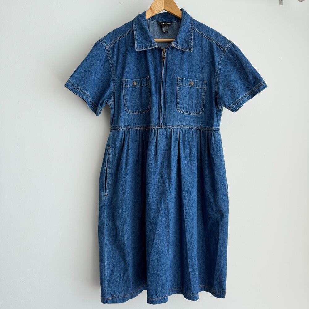 Vintage Denim Dress Medium Pleated Babydoll Cottage Prairie Coastal Lagenlook